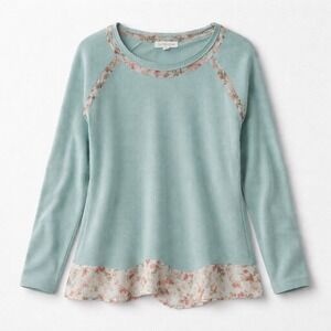 Cactus + Pearl Seafoam Green Waffle Knit Floral Chiffon Trim Top Womens Small